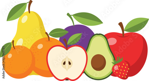Vibrant vector illustration of a healthy assorted fruits arrangement including pear, apple, orange, plum, avocado, and strawberry for food and wellness design projects