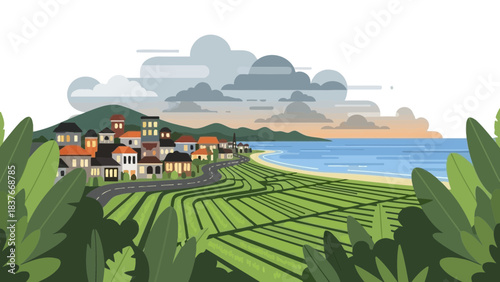 Coastal townscape with terraced fields and foliage, set against a cloudy sky, in flat, minimalist style