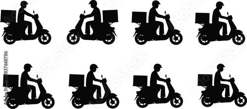 Silhouette series of delivery people on scooters showing movement progression