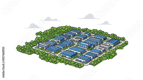 Isometric view of an industrial park with trees and buildings