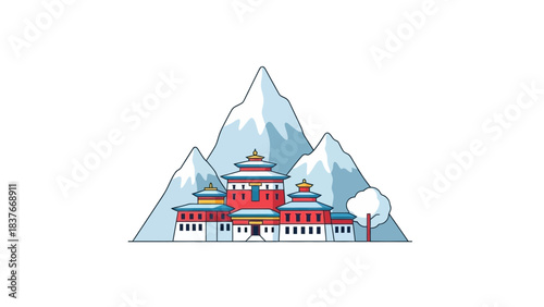 Stylized, colorful dzong fortress nestled in snowy mountains, with a round tree against a plain white backdrop