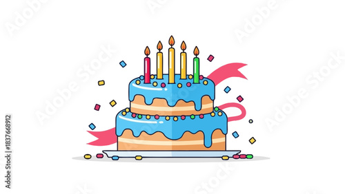 Two-tiered cake with blue frosting and candles, adorned with ribbons and confetti on a white background