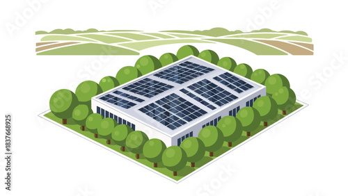 Isometric view of solar panels on a building, surrounded by trees, with a stylized landscape background