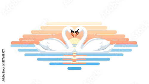 Two swans form a heart shape, pastel sunset reflected on water with rounded, flat style design elements
