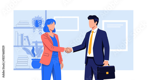 Professional business partners reaching a successful agreement with a firm handshake in an office setting, a modern flat vector illustration of collaboration and negotiation