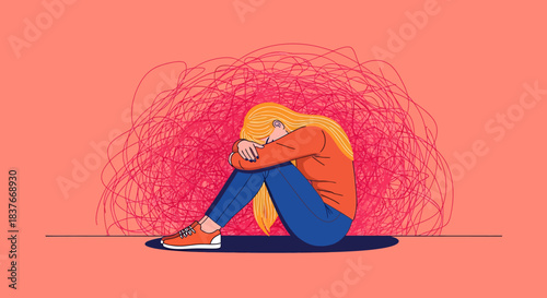 Flat vector illustration A woman sits curled up, overwhelmed by anxiety and stress, with tangled thoughts, symbolizing mental health and emotional distress