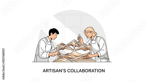 Two people collaborate, crafting intricate sand artwork within a frame, wearing aprons in a minimalist studio