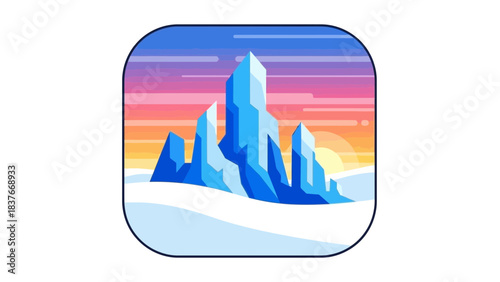 Geometric mountain peaks on snow at sunrise, inside a rounded square outline