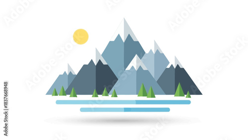 Geometric mountain range with a sun, green trees, and blue water represented by parallel lines on a white backdrop