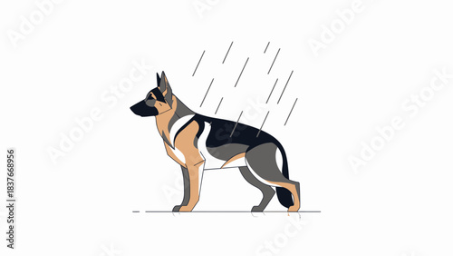 Geometric rendering of German Shepherd standing in rain on white background
