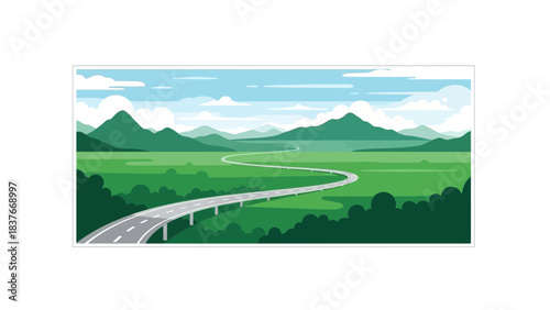 Road through lush, green landscape with distant mountains under a cloudy sky