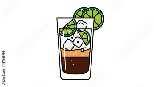 Glass vector drink brown liquid, bubbly layer, ice cubes and lime garnish. Fresh and tasty on a white background