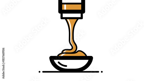 Stylized drawing shows golden liquid being dispensed from a spigot into a bowl, on a white background