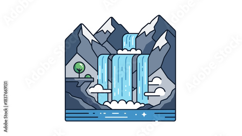 Vector illustration of mountains and waterfall in blue and gray tones with geometric style and clean lines