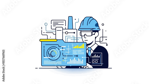 Vector illustration of an engineer working with data and a factory background