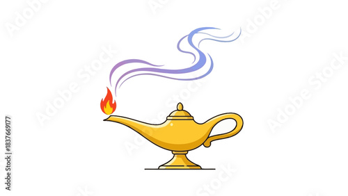 Golden ornate lamp with spout aflame, releasing rising swirls of colorful smoke on a stark white background