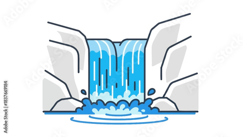 Graphic art depicts a vibrant waterfall cascading between gray rocks, water bursting on impact