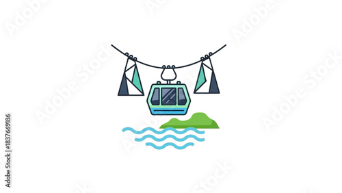 Gondola over water. Island below, vector illustration. Minimalist style, calming, blue-green, suspended from cable, geometric towers