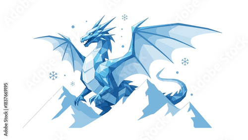 Low poly ice dragon soars above frosty mountains, snowflakes floating in crisp, white air, fantasy scene