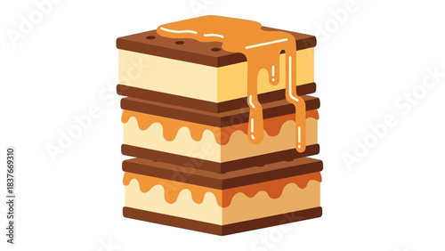 Graphic illustration of a stacked dessert with dark layers, light filling, and a golden caramel sauce dripping down