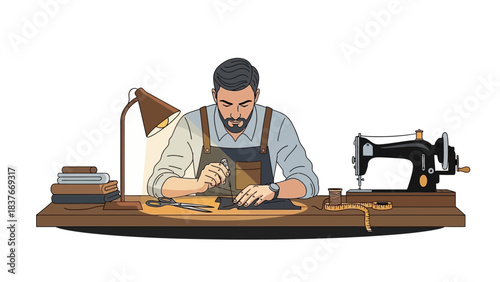 Man sewing at desk, lamp, sewing machine, textiles.  Leather apron. Tape measure, spool, scissors
