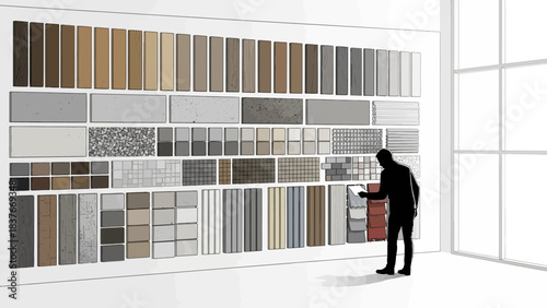 Man selecting materials from wall with samples, window light