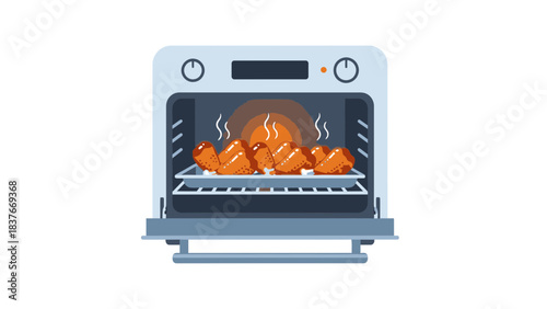 Graphic of cooked chicken wings baking inside an oven, with steam rising