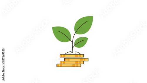 Graphic of a plant sprouting from a stack of gold coins, on a white background