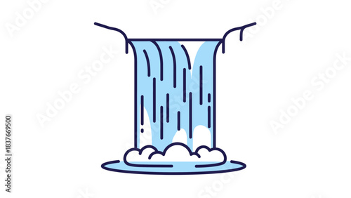 Minimalist illustration of a waterfall with blue water and lines, set against a pristine white background
