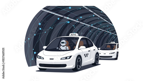 Robot-driven, self-driving white taxis, navigate a futuristic tunnel with connected data points, in stylized illustration