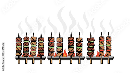 Grilled skewers of meat and vegetables on a grill, releasing smoke, set against a clean white background