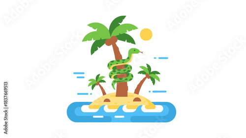 Minimalist illustration of an island with palm trees, a green snake, and surrounding blue water under a bright yellow sun