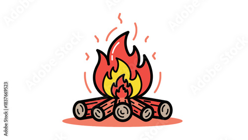 Vivid cartoon campfire illustration with stylized logs and flames on white, emanating warmth and comfort