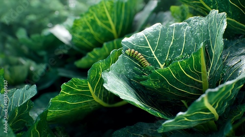 A cabbage plant with broad green leaves