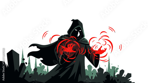 Grim reaper-like figure in black robe above a cityscape, holding red energy
