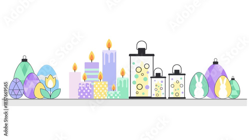 Whimsical flat lay of Easter themed icons on a shelf eggs, candles, lanterns, ornaments, flower