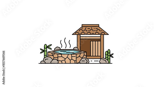 Minimalist vector art of a steaming onsen bathhouse, complete with stone construction and bamboo accents
