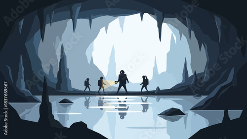 Group exploring cave with lake; silhouettes are reflected in the still water under blue hues