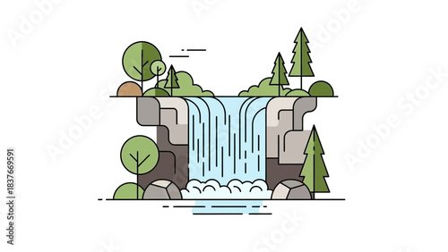 Minimalist vector graphic depicting a waterfall cascading between rocks, surrounded by trees and greenery