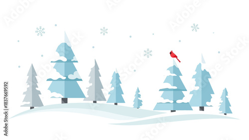 Minimalist winter scene of snow covered trees with a vibrant red cardinal perched on top
