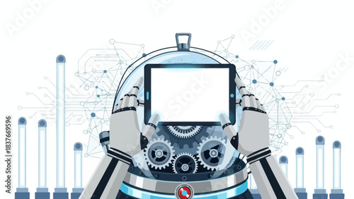 Robotic hands holding tablet in transparent dome with gears, circuits, and tubes on a white background