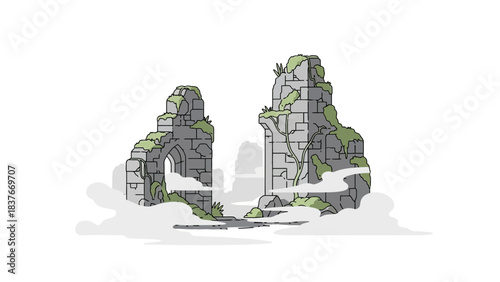 Ruined stone arches overgrown with moss, enveloped in fog