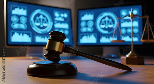 Wooden gavel and brass scales of justice standing on a desk with glowing monitors displaying legal data interfaces