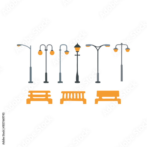 Diverse Streetlamp Array: Curved Arms, Lanterns, Post Tops, Benches, and Evening Glow