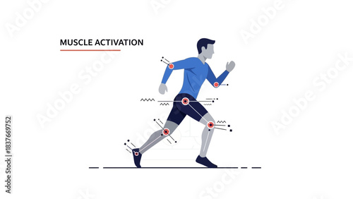 Running man illustration, highlighting muscle activation points with red dots and abstract indicators on a white background