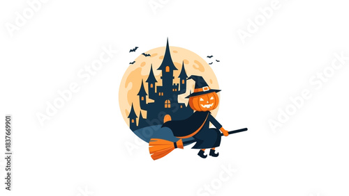 Witch with pumpkin head on broomstick, castle & moon background