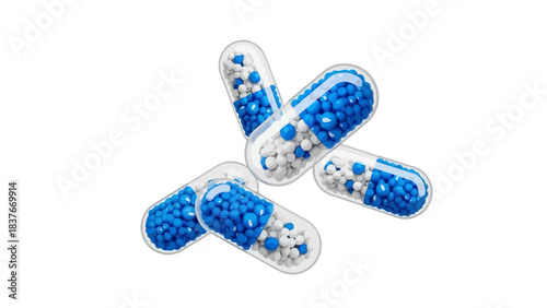 Scattered capsules, half filled with blue and white granules, rest on a plain white surface