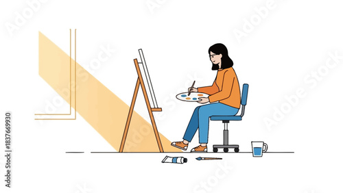 Woman at an easel paints in a sunlit room in a vector art style, seated with paint supplies and a glass of water