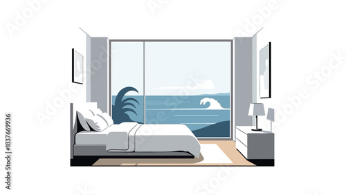 Seaside bedroom bed, ocean view, table lamp, framed art, muted blues/greys; minimalist, peaceful, relaxing, modern interior