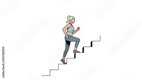 Woman in exercise clothing climbing up a flight of stairs, isolated on a white background in a minimalist style